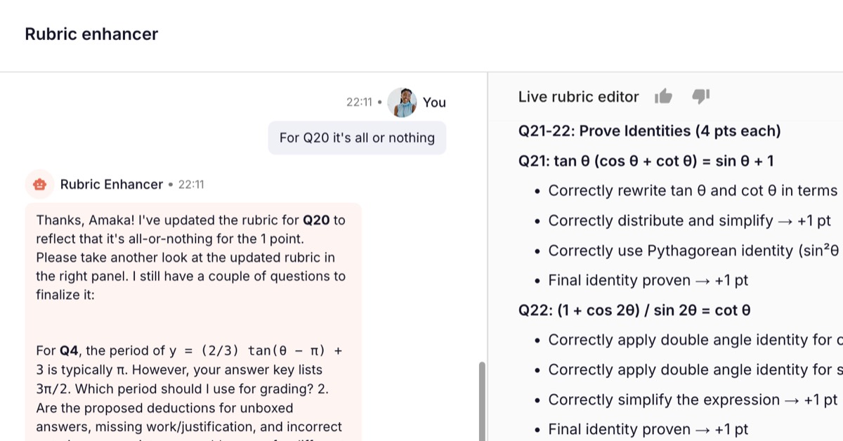Rubric enhancer screen generating consistent grading criteria