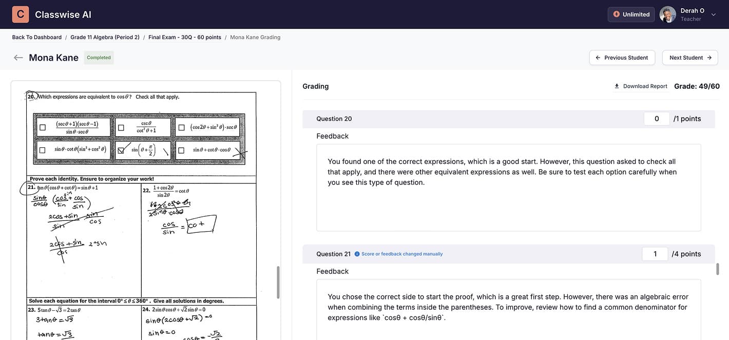 Classwise dashboard grading a multi-step math assignment
