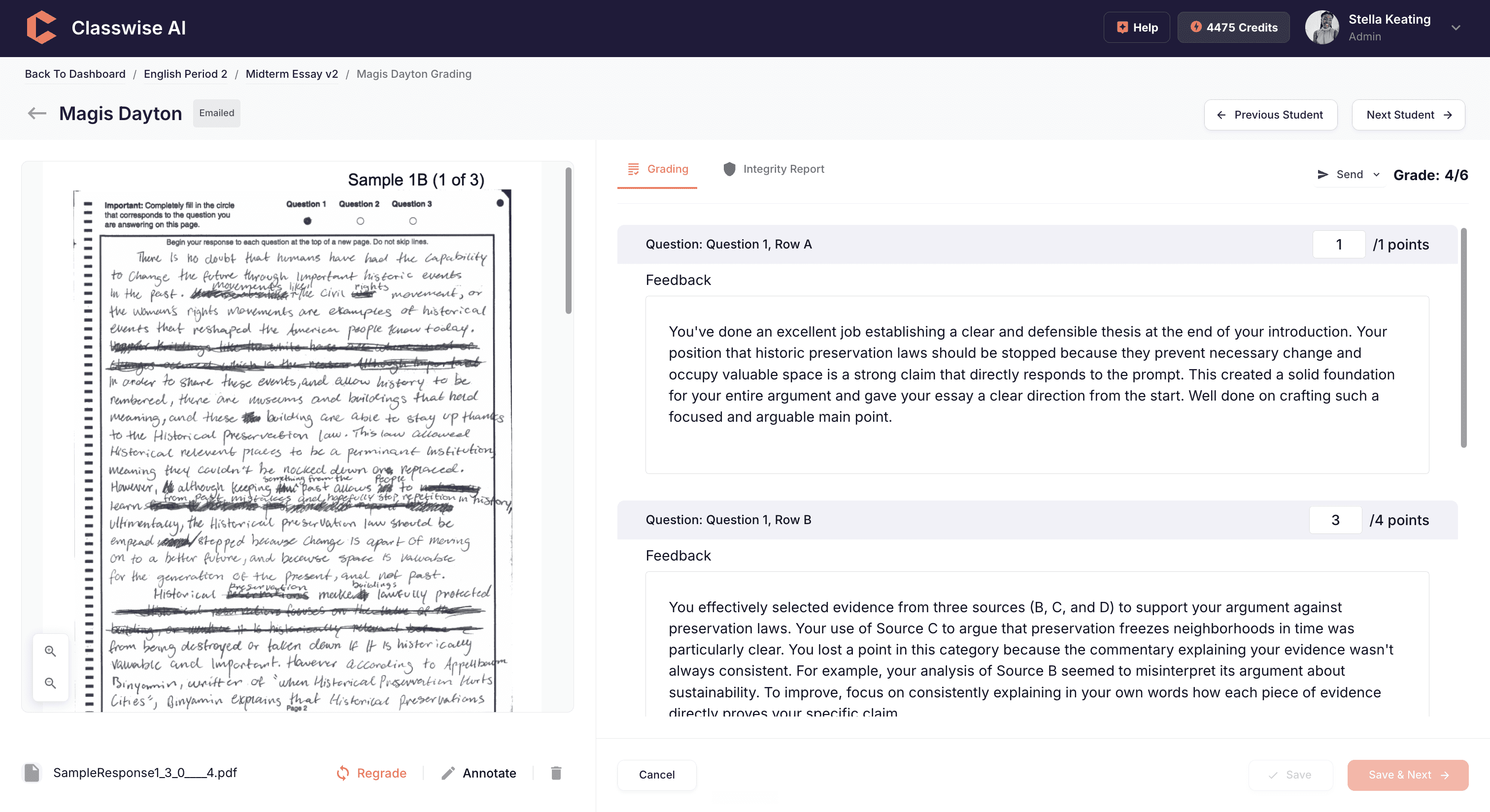 Classwise grading dashboard showing student work, rubric feedback, and teacher review